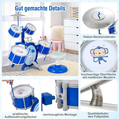 Children's Drum Set, Drum Set with Stool, Music Stand & Foot Pedal, Percussion Instrument Drum Set for Children