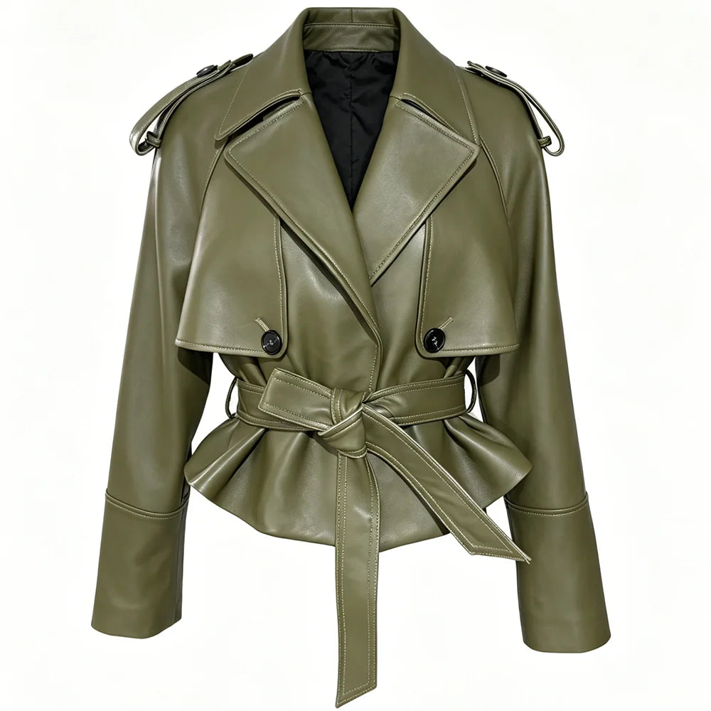 YOLOAgain Vintage Grain Leather Jacket Women Real Leather Sheepskin Jacket With Belt