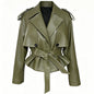YOLOAgain Vintage Grain Leather Jacket Women Real Leather Sheepskin Jacket With Belt