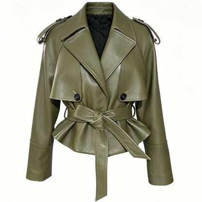 YOLOAgain Vintage Grain Leather Jacket Women Real Leather Sheepskin Jacket With Belt
