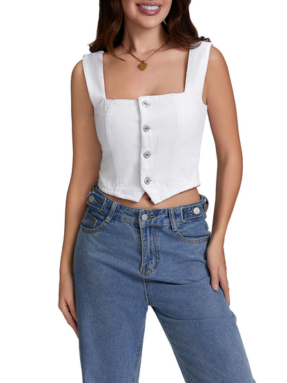 Summer Denim Tank Tops Women Slim Fit Square Neck Backless Back Shirred Sleeveless Button Down Crop Tops for Party Club Night