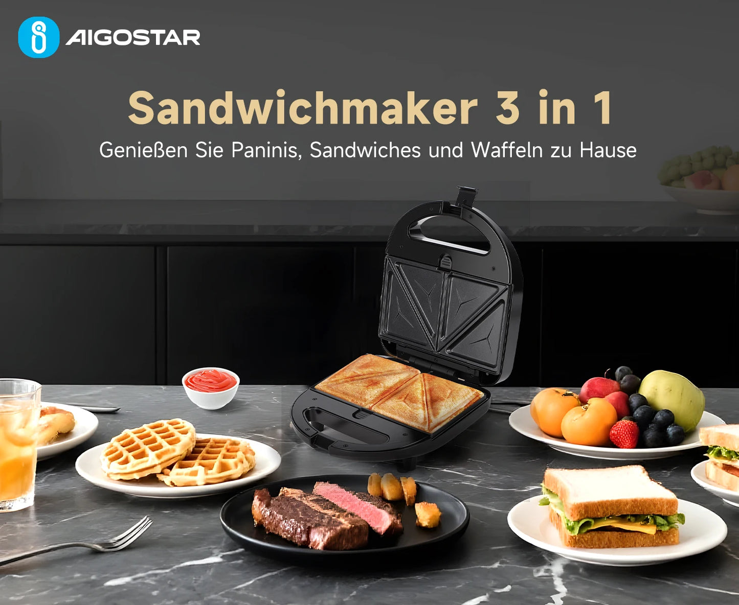 Aigostar 750W Sandwich Maker/Grill/Waffle 3 in 1. Compact Size with Automatic Thermostatic System, Non-Stick and Removable Plate