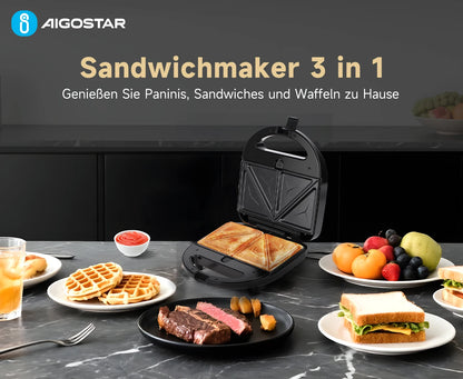 Aigostar 750W Sandwich Maker/Grill/Waffle 3 in 1. Compact Size with Automatic Thermostatic System, Non-Stick and Removable Plate