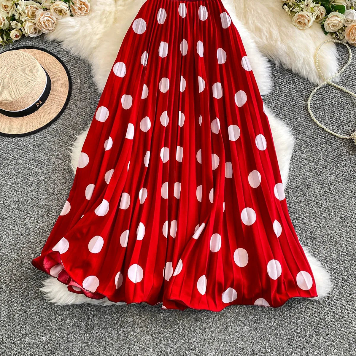 2026 Pleated Skirt Elastic Waist Polka Dot Fashion Printed Slim Pleated Skirt Women's Summer New Beach Vacation Mid-length Skirt