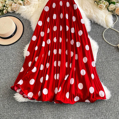 2026 Pleated Skirt Elastic Waist Polka Dot Fashion Printed Slim Pleated Skirt Women's Summer New Beach Vacation Mid-length Skirt