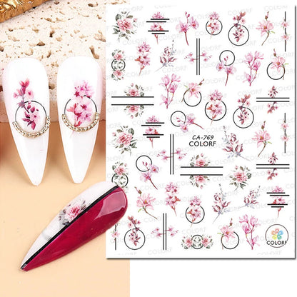 3d Nail Art Decals Watercolor Florals Purple Green Pink Flowers Leafs Fruit Adhesive Sliders Nail Stickers For Manicure