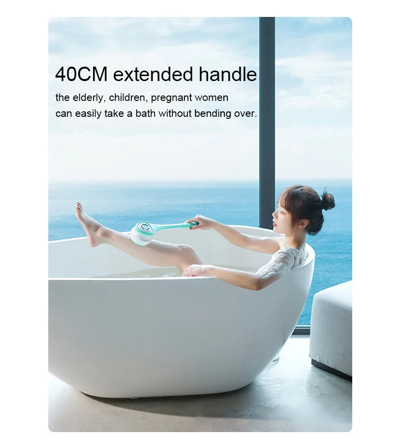 Electric Bath Brush 5-in-1 Long Handle Rechargeable Spin Body Facial Scrubber Back Rubbing Cleaning  Massage Spa Shower Brush