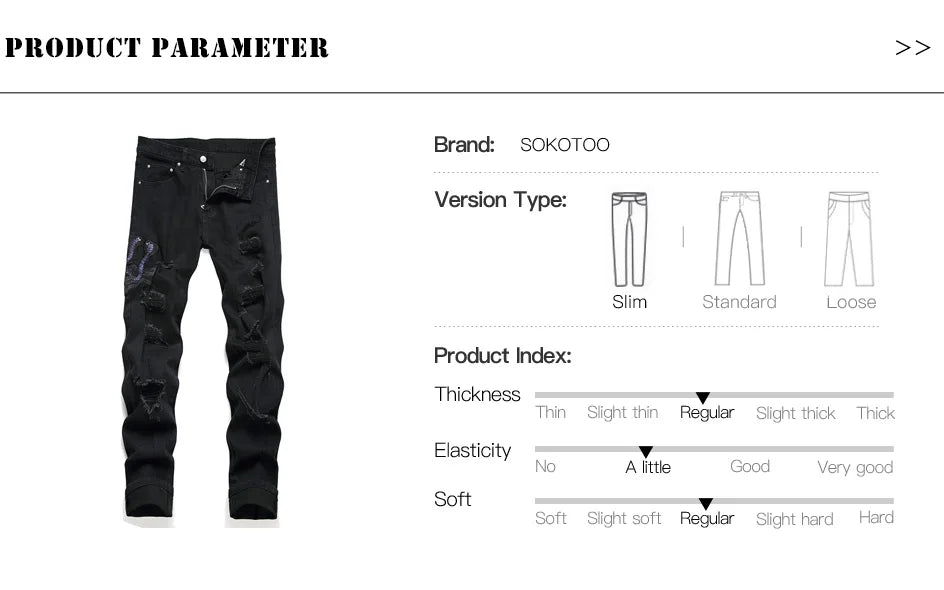 Men Snake Embroidery Jeans Streetwear Black Stretch Denim Pants Holes Ripped Distressed Slim Straight Trousers