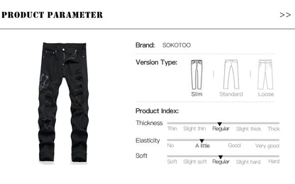 Men Snake Embroidery Jeans Streetwear Black Stretch Denim Pants Holes Ripped Distressed Slim Straight Trousers