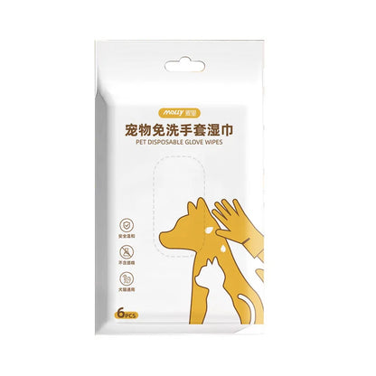 Pet No-Rinse Glove Wipes, 6 Pieces Per Box, 2 Boxes Set, Disposable Deodorizing Grooming Cleaning Gloves for Cats and Dogs