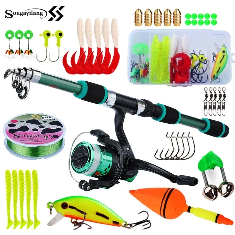 Sougayilang Kids Fishing Pole Set Full Kits with Telescopic Fishing Rod and Spinning Reel Baits Hooks Saltwater Travel Pole Set