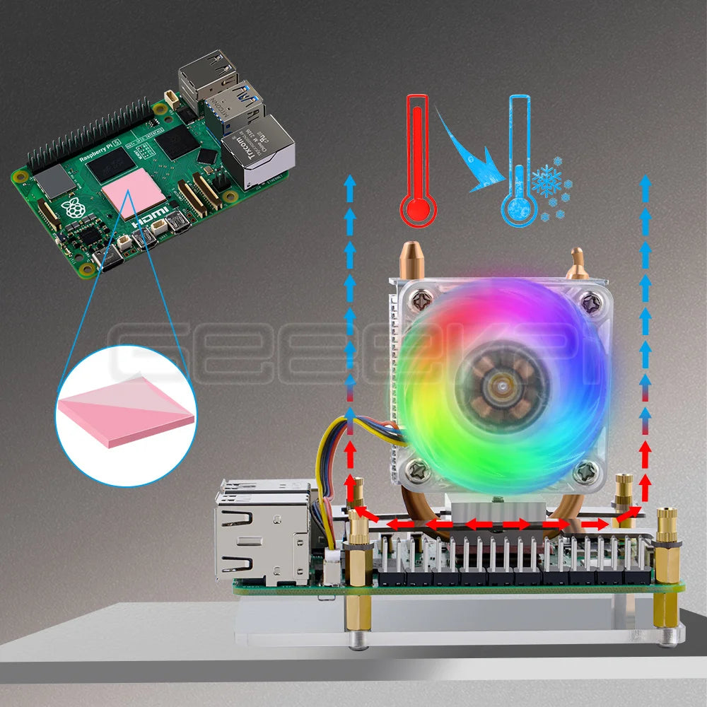 GeeekPi Raspberry Pi 5 Cooler Raspberry Pi 5 ICE-Tower Cooler CPU RGB LED Light Cooling Fan