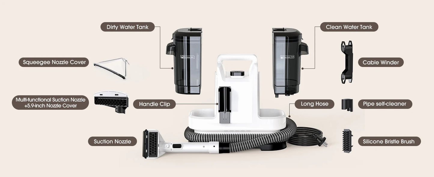 Powerful Carpet Cleaner 13.5 KPa Lubluelu V6 with 1.75L Dual Tanks, 5M Cord 1.7M Hose - Deep Clean Sofa Mattress Car Seat Pet Stains