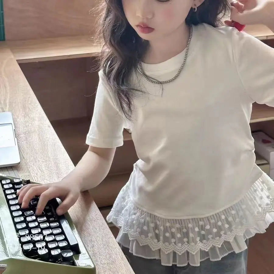 Childrens clothing baby girls summer casual lace t-shirt 2025 short sleeved Lace splicing new white tops 3-12 kids clothes