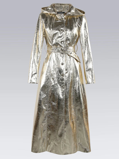 Lautaro Spring Autumn Extra Long Cool Silver Shiny Reflective Pu Leather Trench Coat for Women with Hood Luxury Runway Fashion