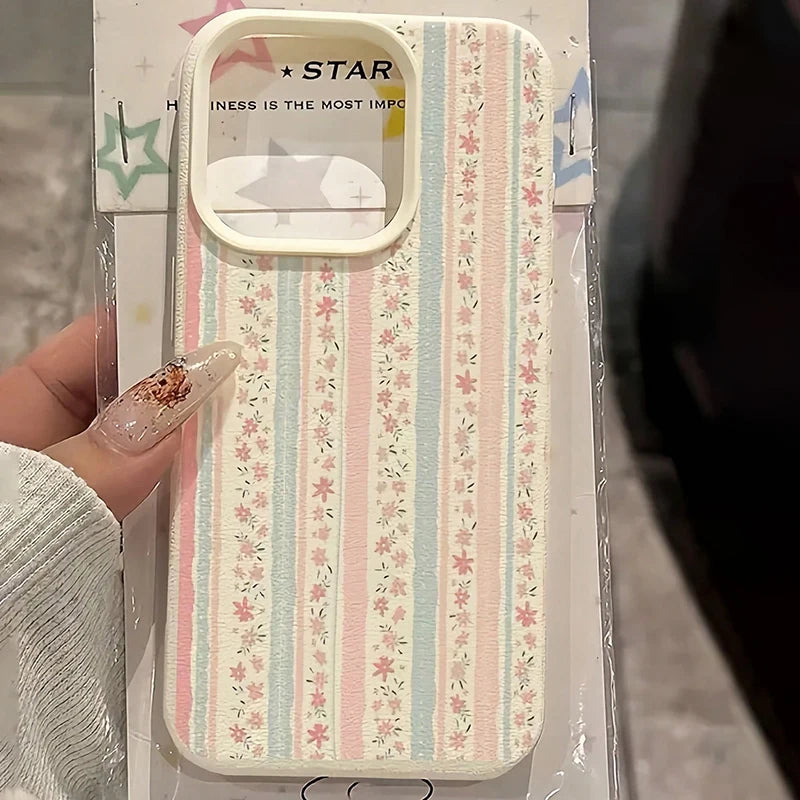 White Floral Blue & Pink Striped Minimalist Pattern Phone Case For Xiaomi Redmi Note 14 Pro Plus5G 13 12 11 10 15C 14C 13C Cover