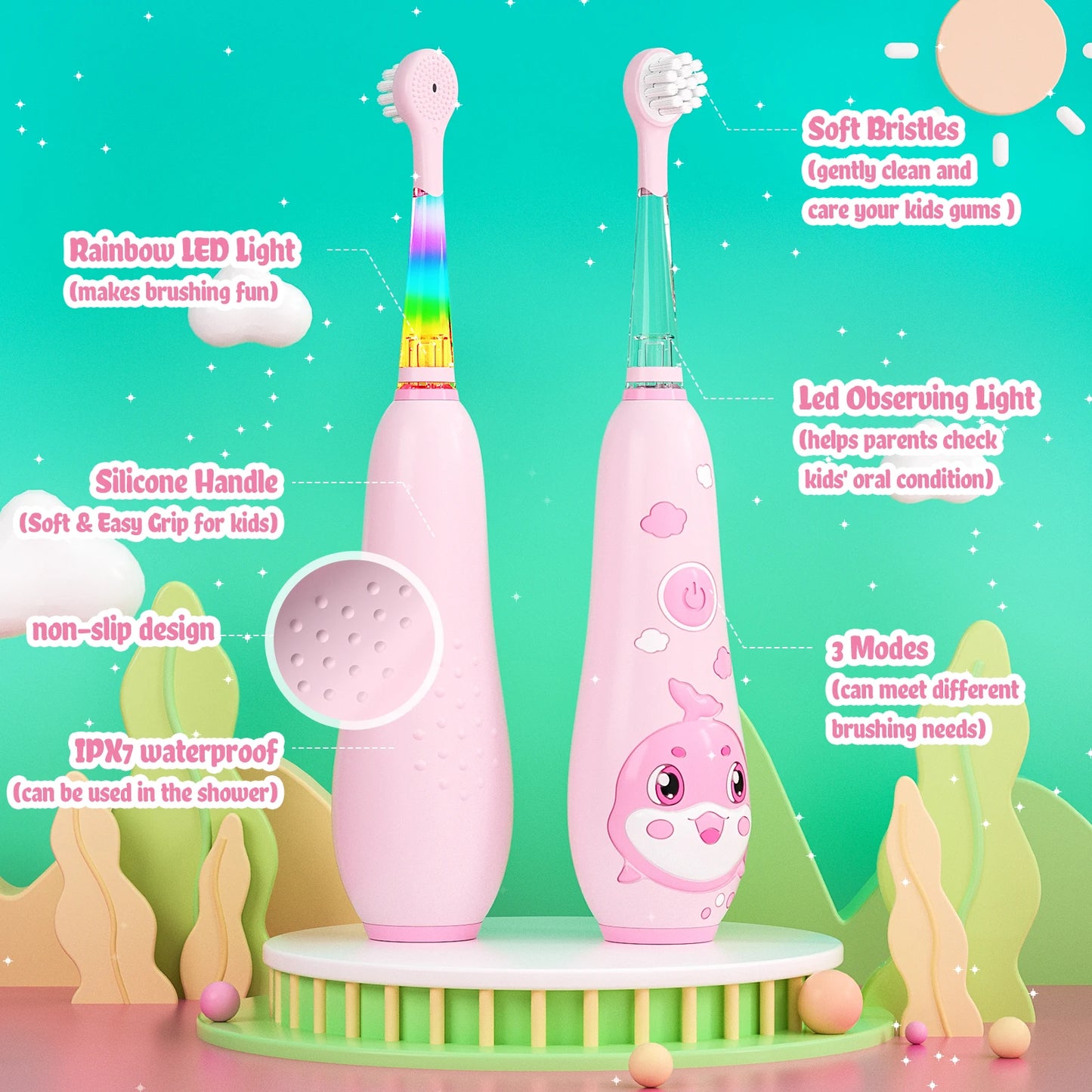Seago Kids Electric Toothbrush Child Dolphin Colorful Observing LED 2 Mins Smart Timer IPX7 Waterproof Teeth Cleaning