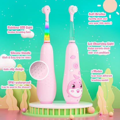 Seago Kids Electric Toothbrush Child Dolphin Colorful Observing LED 2 Mins Smart Timer IPX7 Waterproof Teeth Cleaning