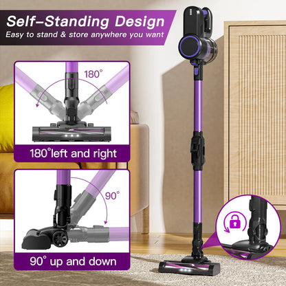 Cordless Vacuum Cleaner, 32KPA Househeld Stick Vacuum Cleaner With LED Lights, Foldable Tube, Washable Hepa Filtration, Self-standing, 4000mAh Battery, Multifunction Accessories, Lightweight Vacuum For Hardwood Floor Carpet P