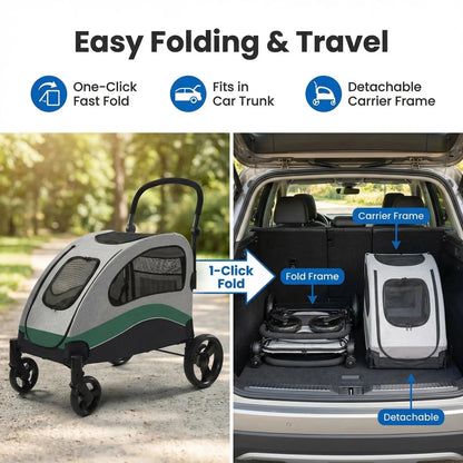Heavy Duty Pet Wagon & Large Dog Stroller , Collapsible Dog Cart with Adjustable Handle, Breathable Mesh and Storage Pockets