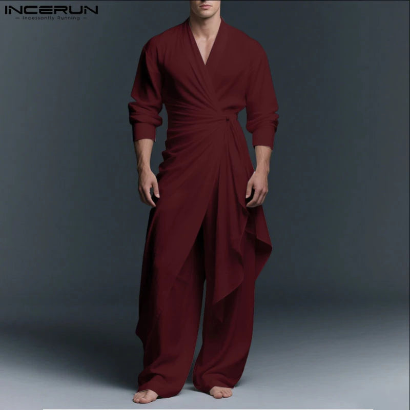 INCERUN Men Sets Solid V Neck Long Sleeve Long Style Shirt & Pants Two Pieces Sets Streetwear Loose Vintage Casual Men's Suit