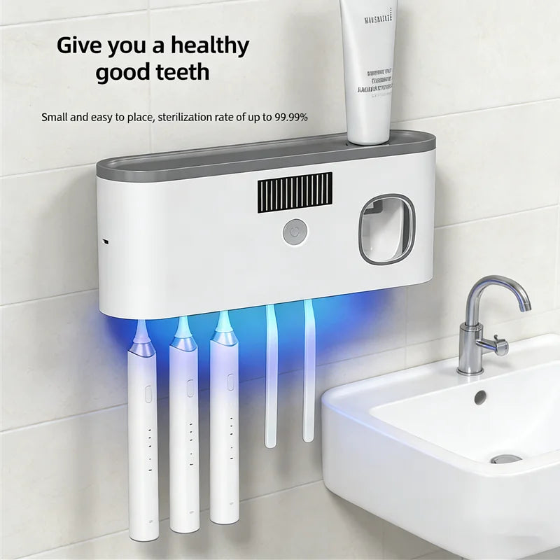 Household 3 in 1 UV Light Electric Toothbrush Sanitizer Wall Mounted Toothbrush Holder With Toothpaste Dispenser Combination