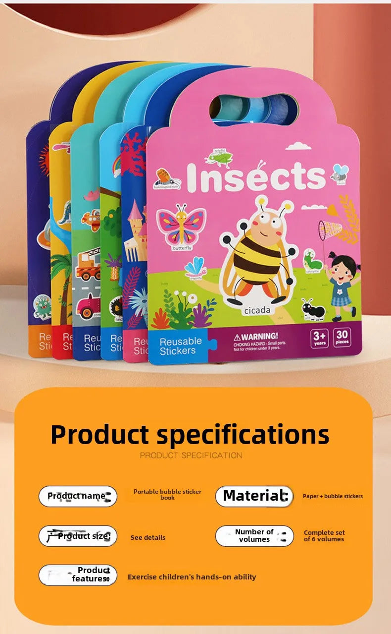 Reusable Bubble Sticker Book for Kids - Multi-Themed Educational Learning Activities, Washable & Safe Toddler Stickers