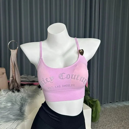 Juicy Couture Women's Seamless Rhinestone Logo Dark Purple Bralette Adjustable Strap Wireless Comfort Crop Top Bra Underwear