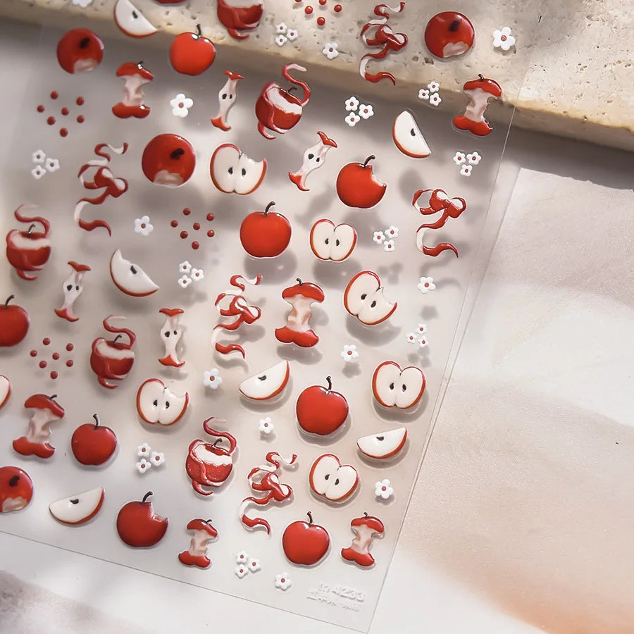 Juicy Red Jelly Tomato Nail Art Sticker Cute Bowknot Glitter Star Kawaii 5D Fruit Self Adhesive Nail Art Decals for Summer DIY