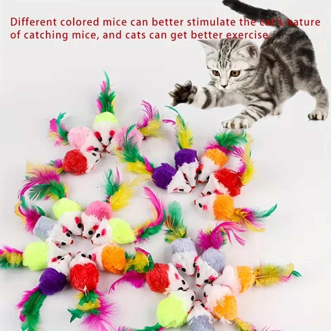 Cute Mini Fleece False Mouse Cat Toys Colorful Feather Funny Interactive Play Training Toys for Kittens Cats Pet Supplies
