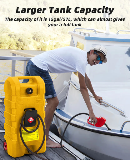 Heavy-Duty 15 Gallon Portable Fuel Caddy – Manual Siphon Pump & 10FT Delivery Hose – On-Wheels Gas & Heavy-duty Transfer Tank – Ideal Tool Storage for Cars, Lawn Mowers, Boats