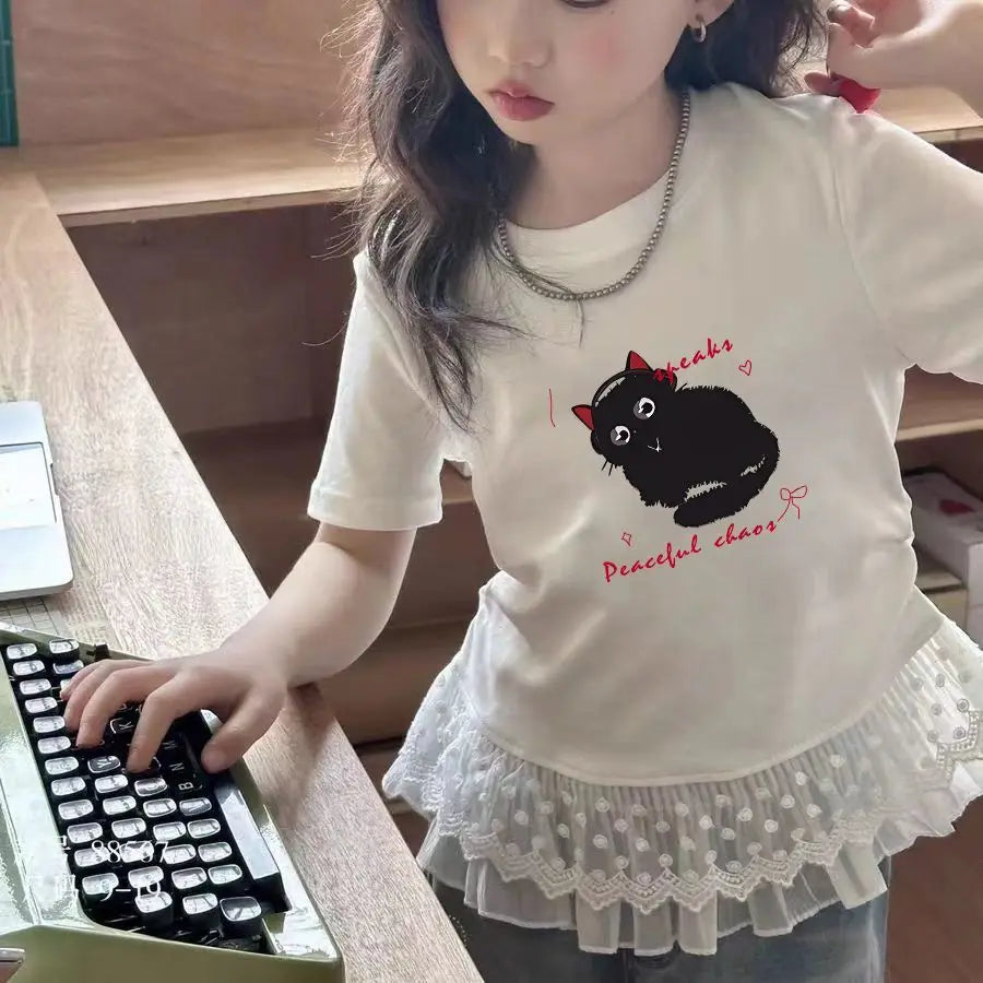 Childrens clothing baby girls summer casual lace t-shirt 2025 short sleeved Lace splicing new white tops 3-12 kids clothes