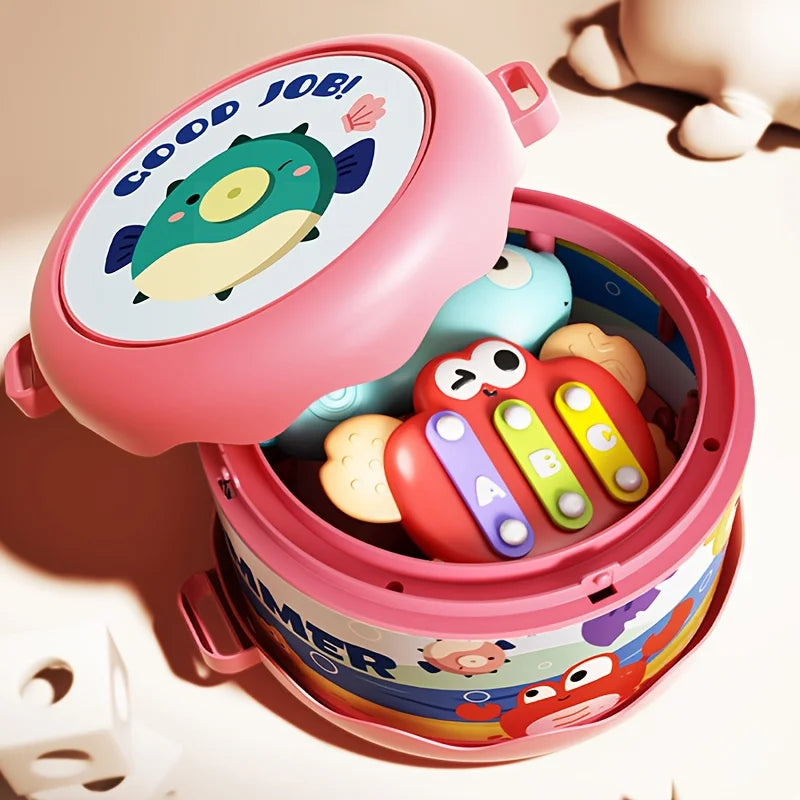 Baby Musical Storage Drum with Percussion Instruments, Cartoon Early Educational Music Toy Toddlers Baby Shower Gift