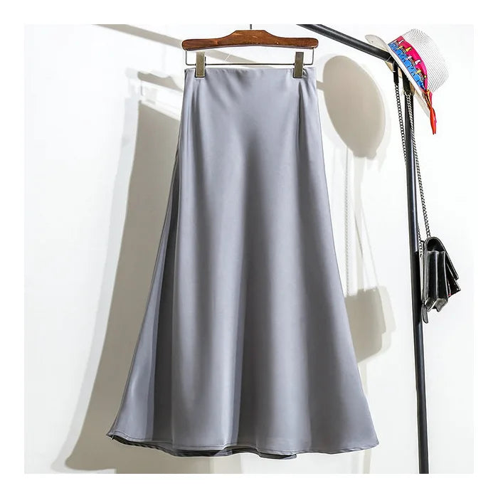 Botvotee Elegant Satin Long Skirt for Women Spring Summer 2025 Office Ladies Korean Style Loose Elastic Band Midi Skirts