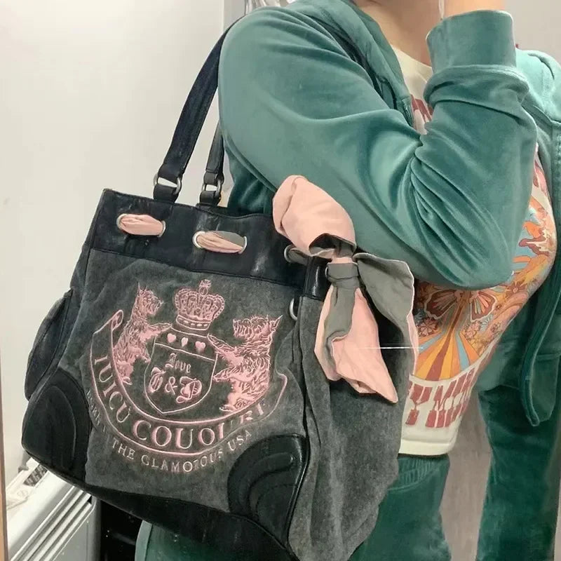 Ladies Large-Capacity Tote Bag Y2K Women Vintage Retro Chic Embroidery Velvet Handbags Girl Shopping Shoulder Bag Women's Purses