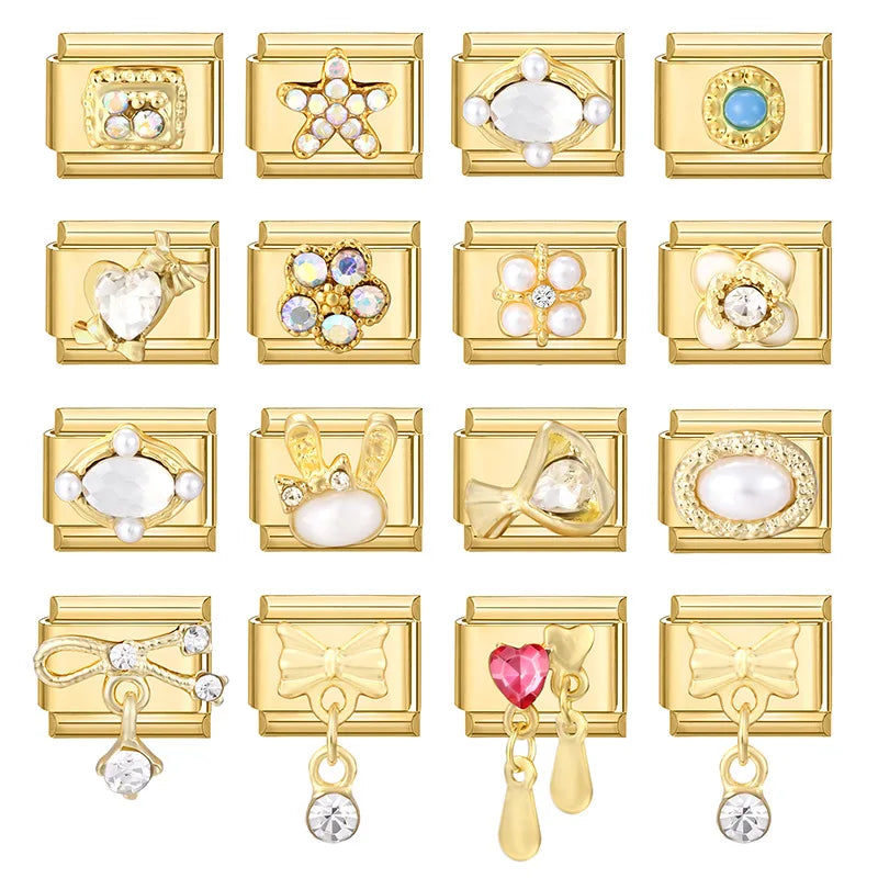 Hot Zircon Rose Flowers Heart Pearl Bowknot Cherry Pendant Italian Charm Links Fit 9mm Stainless Steel Bracelet Women DIY Making