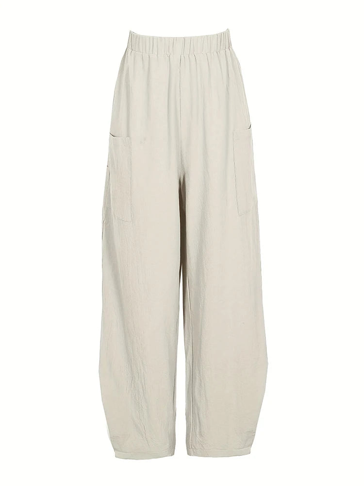 Plus Size Women's Cotton-Linen Harem Trousers Retro Loose-Fit Casual Trousers Elasticated Waistband Workwear Wide-Leg Trousers