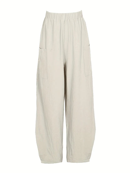Plus Size Women's Cotton-Linen Harem Trousers Retro Loose-Fit Casual Trousers Elasticated Waistband Workwear Wide-Leg Trousers
