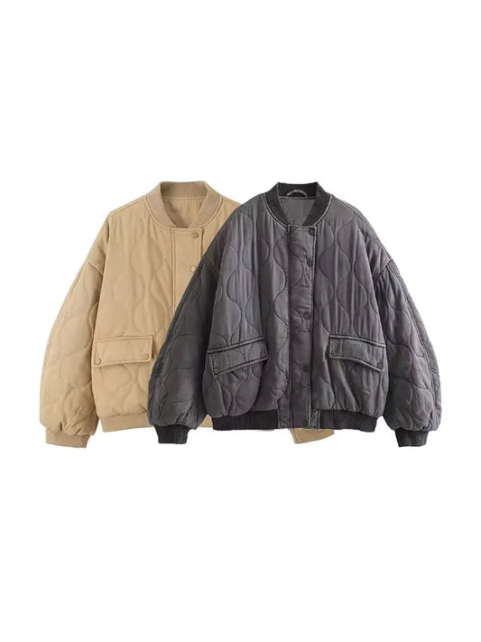 Women Fashion Oversized Thick Warm Quilted Bomber Jackets Coat Vintage Long Sleeves Snap-button Female Outerwear Chic Tops