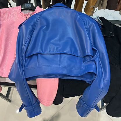 YOLOAgain Wide Shoulder Real Leather Jacket Women Oversized Genuine Leather Cropped Jacket