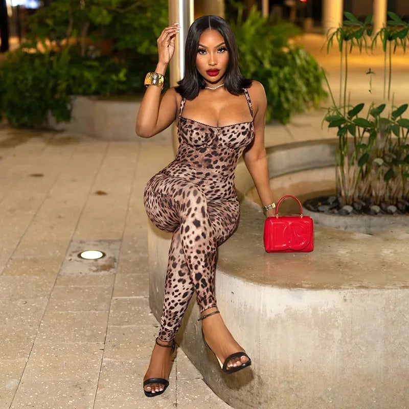 VEITCHE Leopard Printed Women Summer Jumpsuits Sexy Hot Popular Low Neck Spaghetti Strap Skinny Overalls Female Trend Midnight