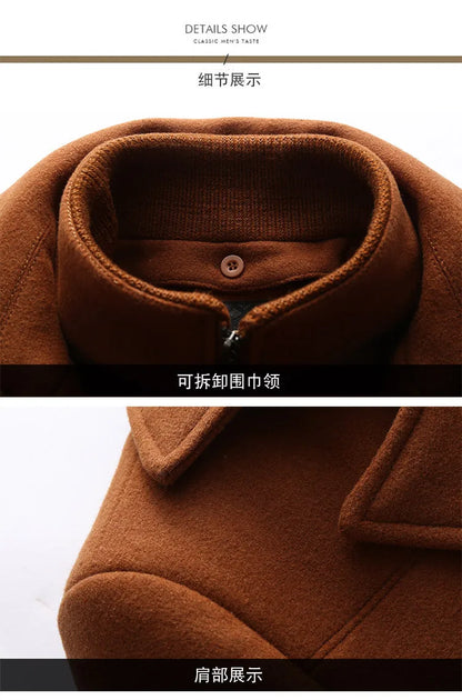 Autumn Winter Double Collar Woolen Coats Men Thick Business Casual Wool Blends Trench Coat Male Solid Turn Down Collar Outerwear