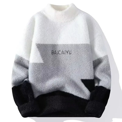 New Men's Plush Sweater Pullovers Korean Winter Warm O Neck Colorblock Sweater High Quality Cool Top Fashionable Men's Clothing