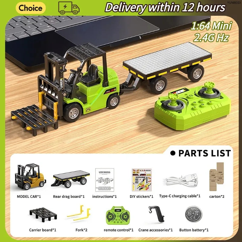 1:64 Remote Control and Alloy Truck Forklift with Trailer Worktop Mini Bluetooth RC Elevator Vehicle Children's Toy Holiday Gift