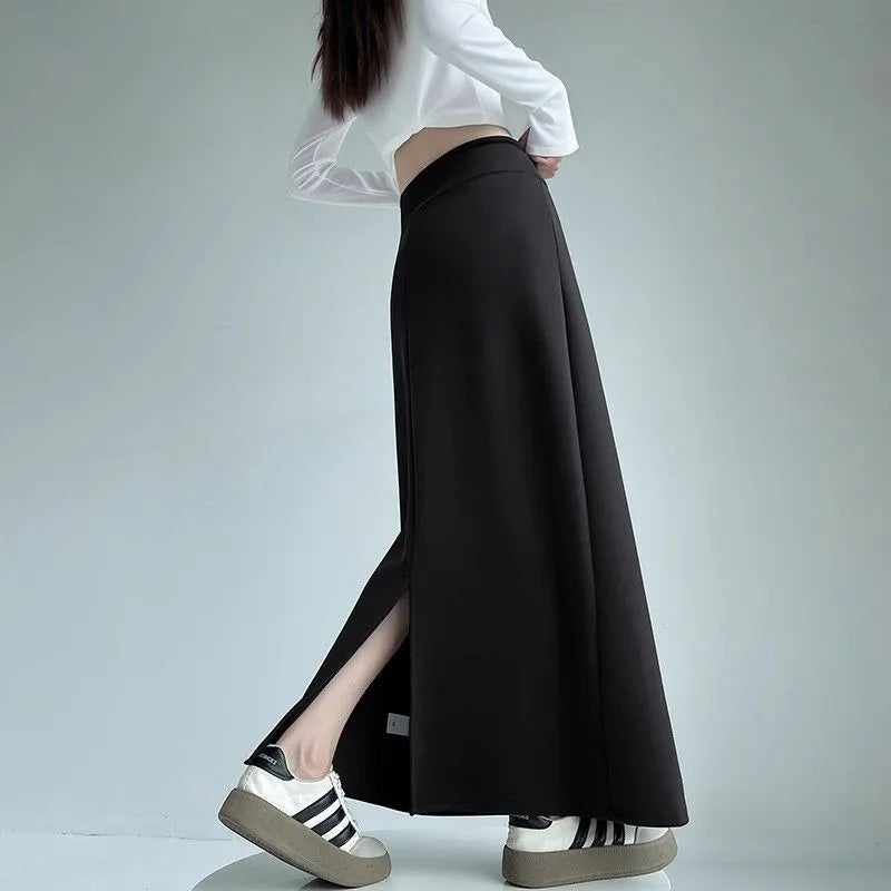 Women Spring Autumn Sports Maxi Skirt High Waist Drawstring A Line Straight Split Draped Casual Sweat Long Skirt