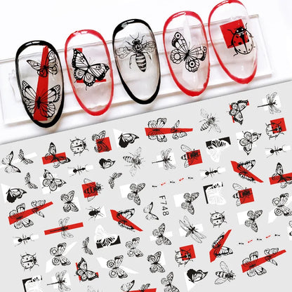 Black and White Love Flowers Line Art 3D Stickers Nail Decals Nail Art Accessories Butterfly Rose Nail Stickers Nail Sliders