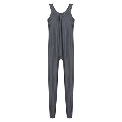 Women's Sleeveless Full Body Bodysuit Glossy Jumpsuit Gymnastics Fitness Swimming Leotard Pole Dance Costume Clubwear Lingerie