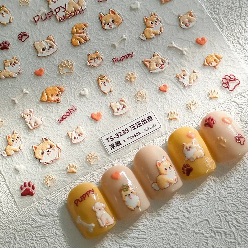 Colorful Balloon Cute Puppy Flower Cherry Bowknot Love Happy Dog Animal Self Adhesive Nail Art Sticker Decoration Manicure Decal