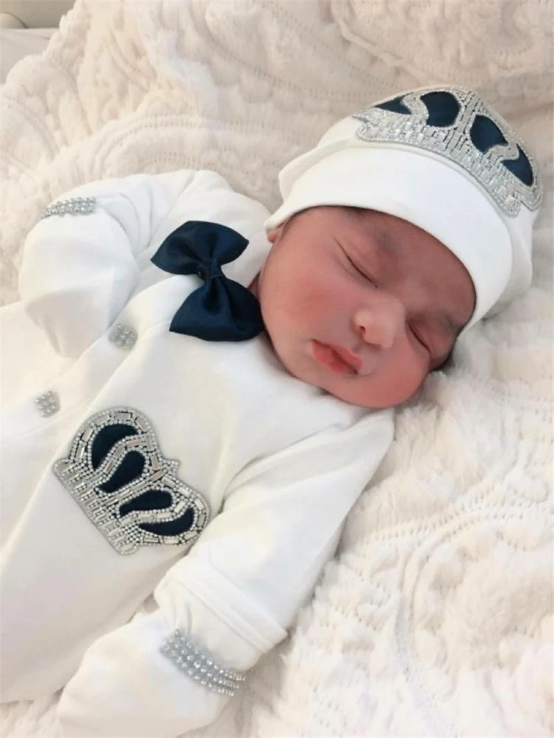Dollbling Royal Blue Velvet Baby Romper Outfits Set Welcome Home Nursery Infant Nest Luxury Crown Receiving Blanket