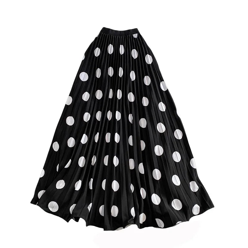 2026 Pleated Skirt Elastic Waist Polka Dot Fashion Printed Slim Pleated Skirt Women's Summer New Beach Vacation Mid-length Skirt